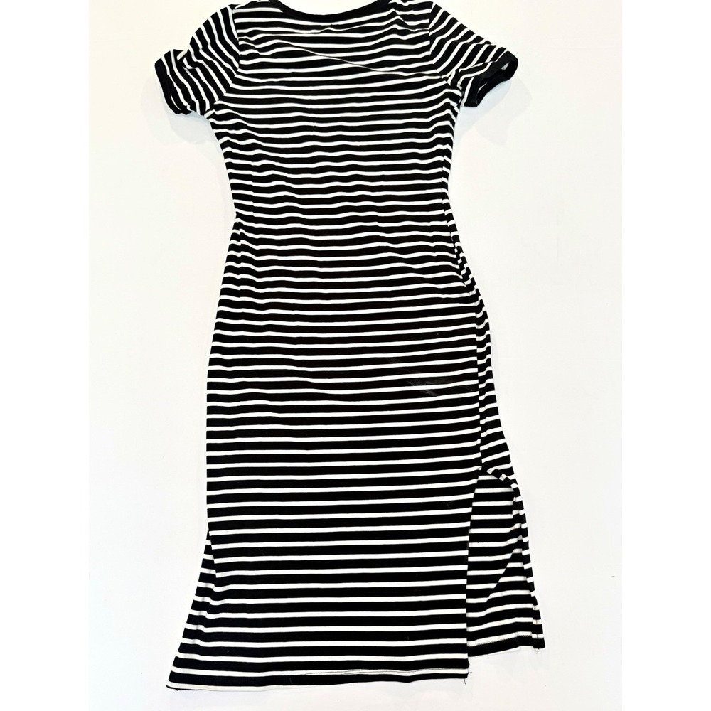 Heart & Hips Black White Striped Knit Sheath Midi Dress Short Sleeve Size L chic